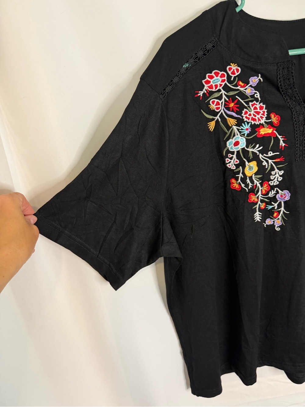 3/$20 Black Boho Floral Embroidered V-Neck Elbow Sleeve Shirt - Picture 5 of 5